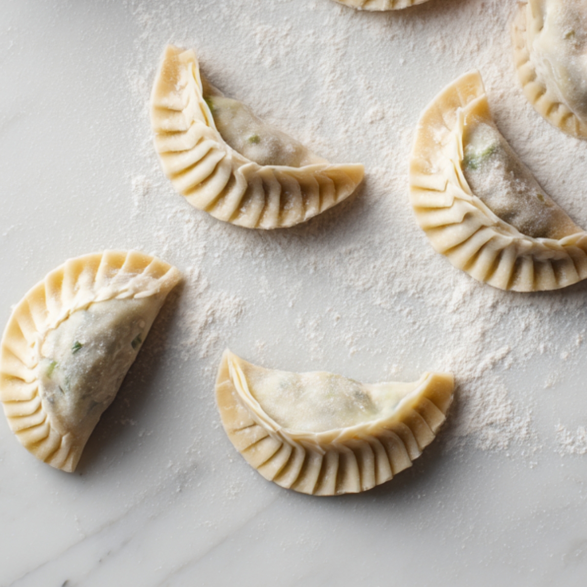 “Uncooked dumplings neatly folded and lined on a floured surface, showing the crimped edges and sealed crescent shapes.”