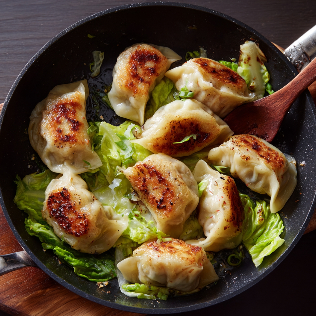 “Pan-fried dumplings in a skillet with lightly charred bottoms, resting on a bed of steamed cabbage leaves, ready to be served.”