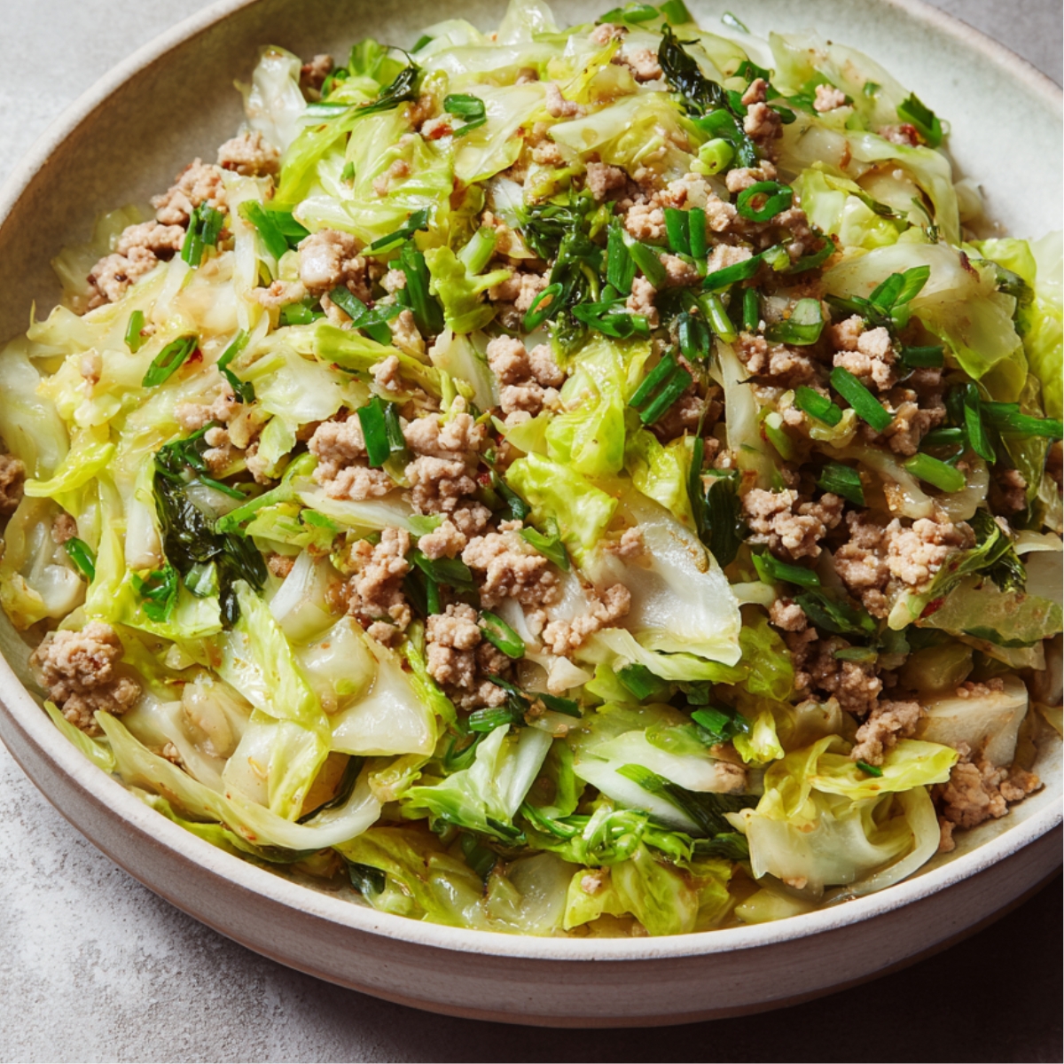 “Cooked minced meat and cabbage filling for dumplings in a bowl, garnished with chopped green onions and herbs.”