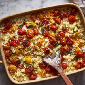 Baked feta pasta with roasted cherry tomatoes and rotini pasta in a casserole dish, topped with herbs and creamy melted cheese, being mixed with a wooden spoon.