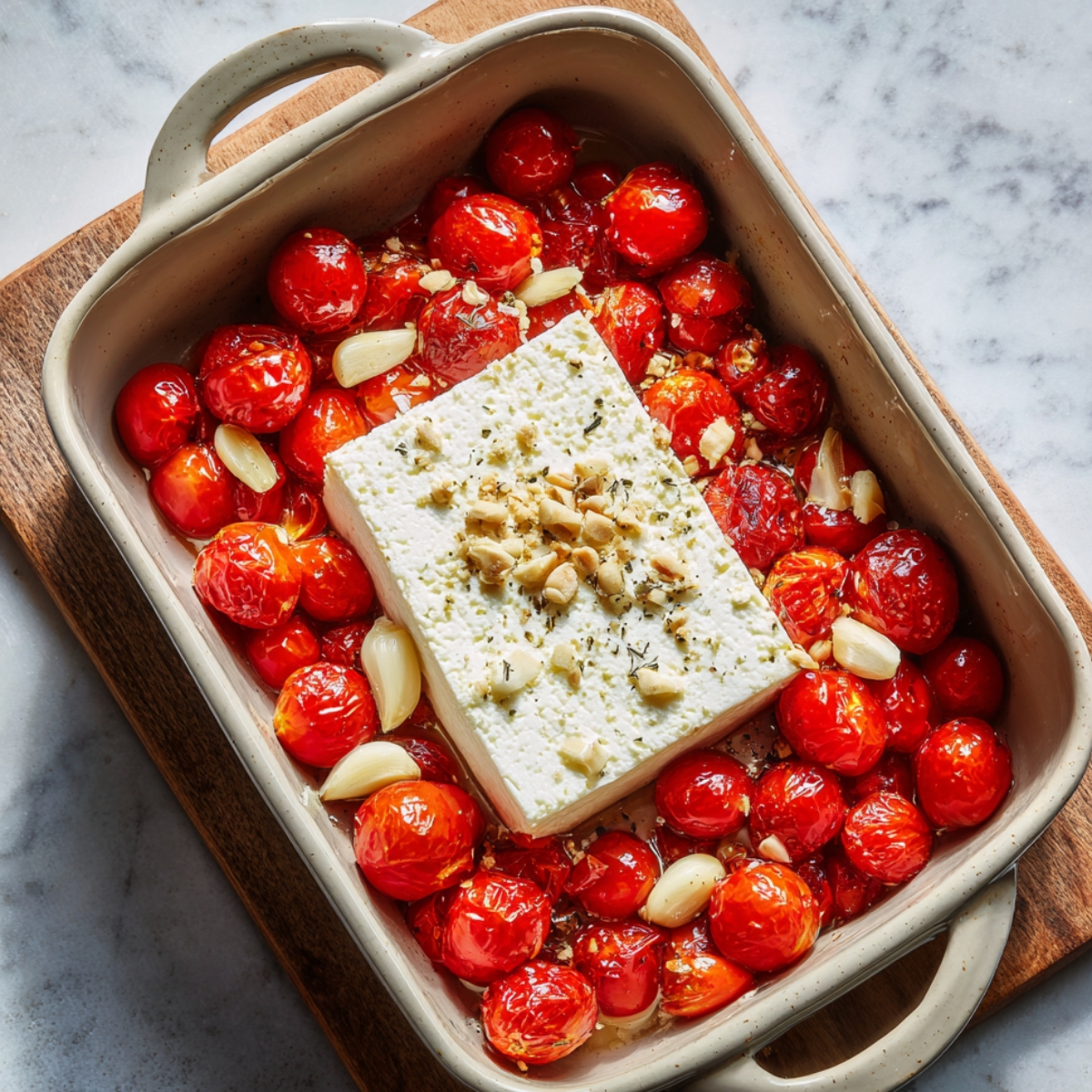 Baking dish filled with cherry tomatoes, whole garlic cloves, and a block of feta cheese sprinkled with herbs and chopped nuts, ready to be roasted.