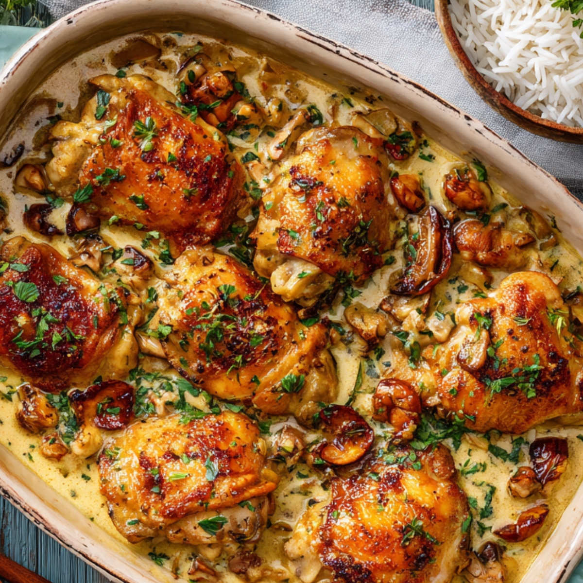 A baking dish filled with golden-brown chicken thighs in a creamy mushroom sauce, garnished with chopped herbs, with a side of white rice in a separate bowl.
