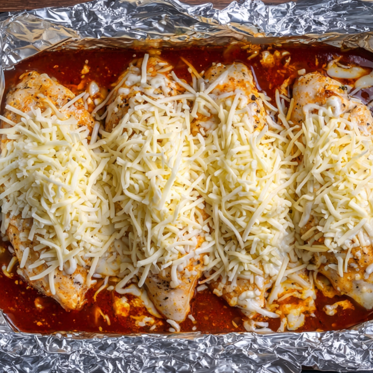 Unbaked chicken breasts in a foil-lined tray, covered in red sauce and topped generously with shredded cheese.