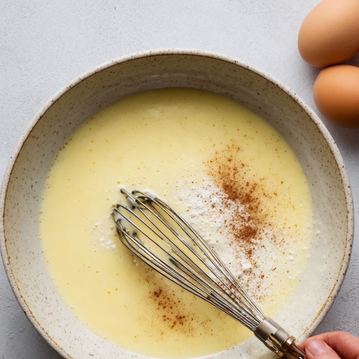 "Bowl of eggs, milk, and cinnamon being whisked for French toast batter."