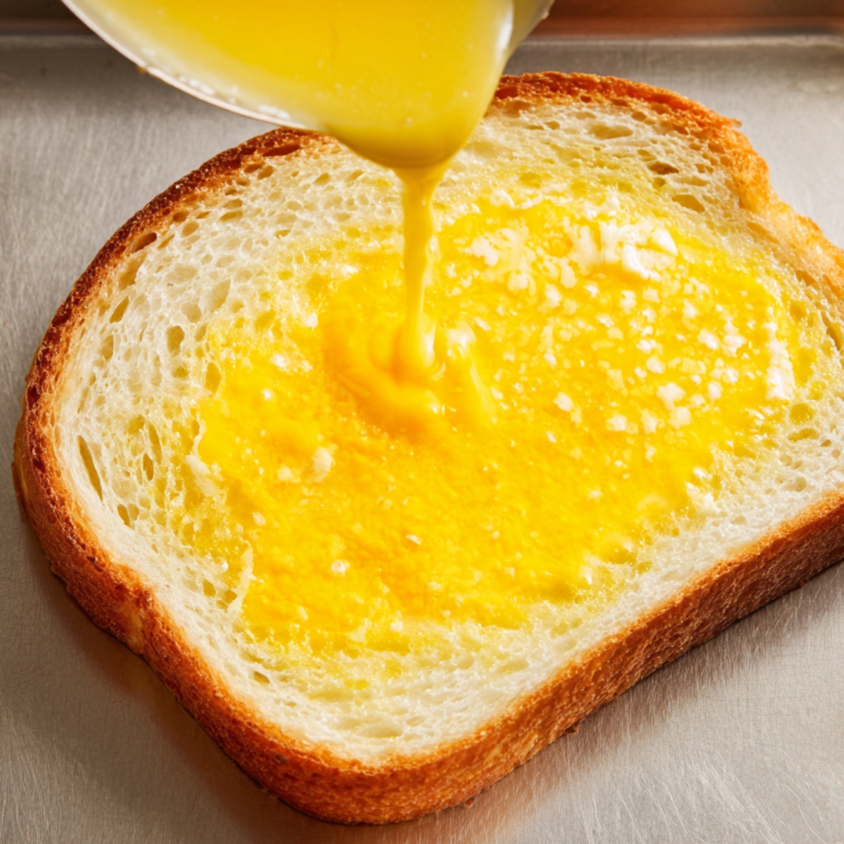"Slice of bread being coated with egg mixture for French toast."