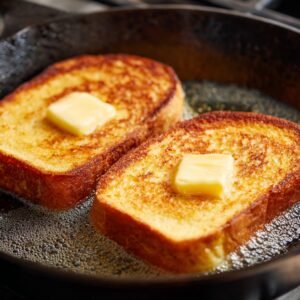 "Slices of French toast frying in a skillet with melting butter on top."