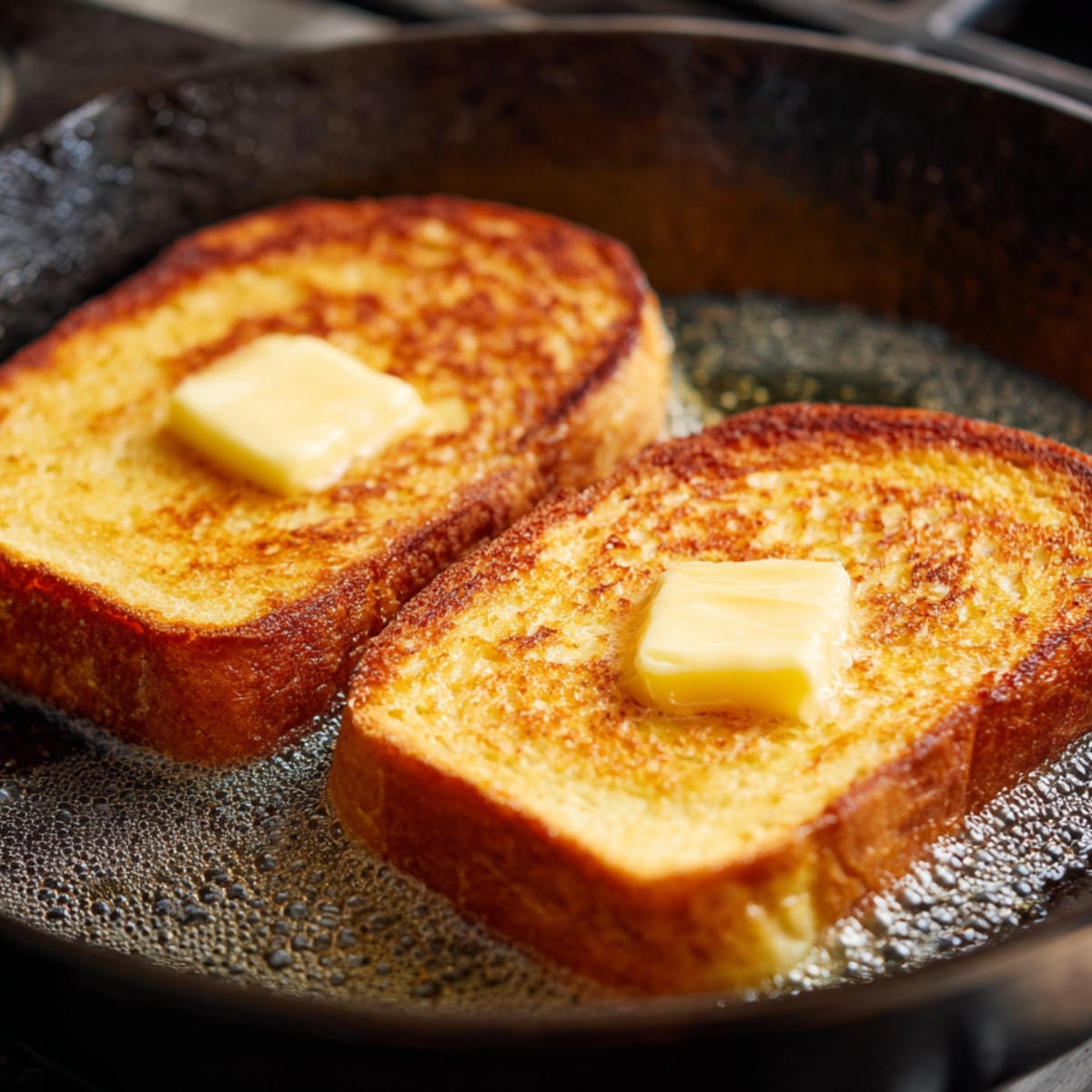 "Slices of French toast frying in a skillet with melting butter on top."