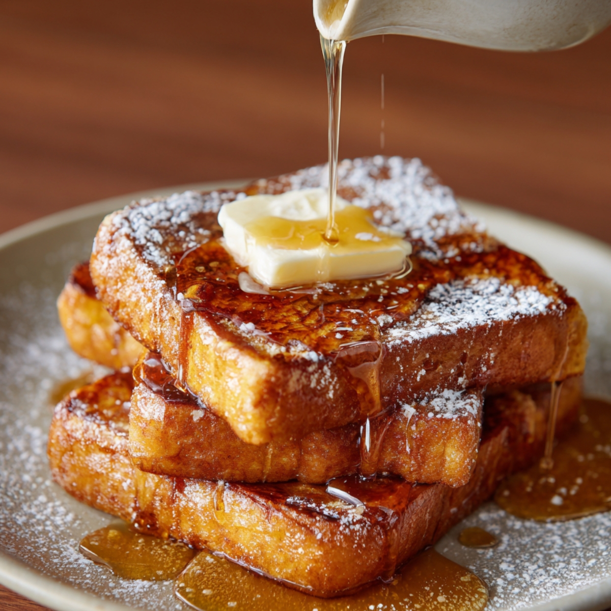 "Stack of golden brown French toast topped with butter, powdered sugar, and maple syrup."