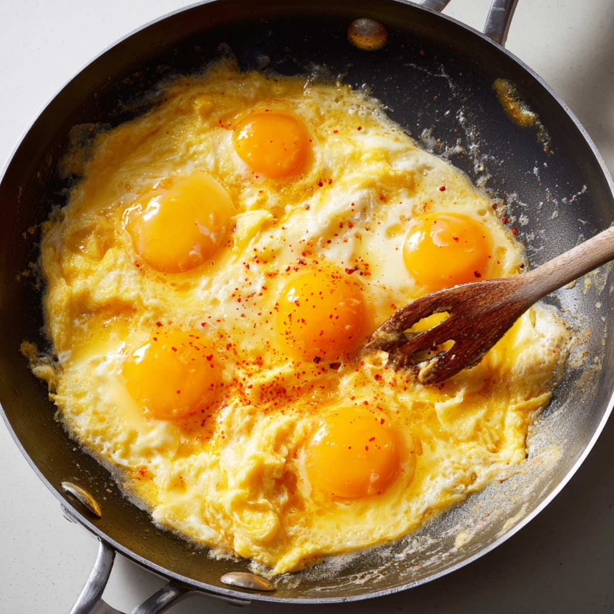 A frying pan with several eggs being scrambled, with bright yellow yolks visible and a sprinkle of seasoning in the process.