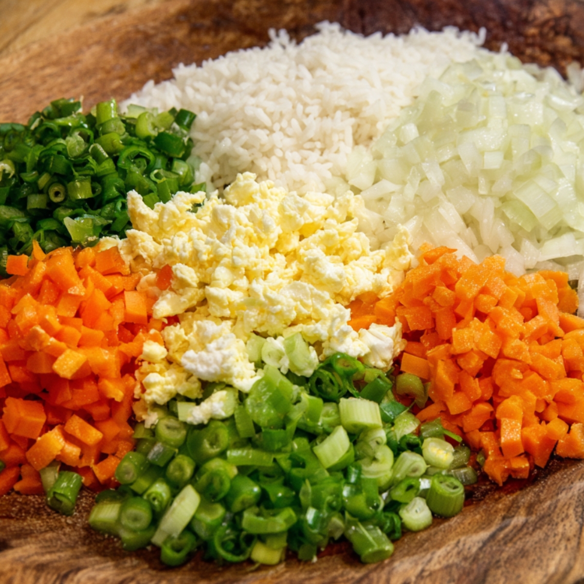 A collection of diced vegetables and cooked rice neatly arranged on a wooden surface. The ingredients include onions, green onions, carrots, scrambled eggs, and rice, ready for cooking.