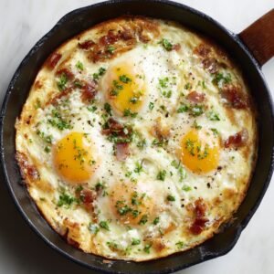 A frittata with eggs, crispy bacon, and fresh parsley, garnished with black pepper and cooked to perfection in a cast-iron skillet.