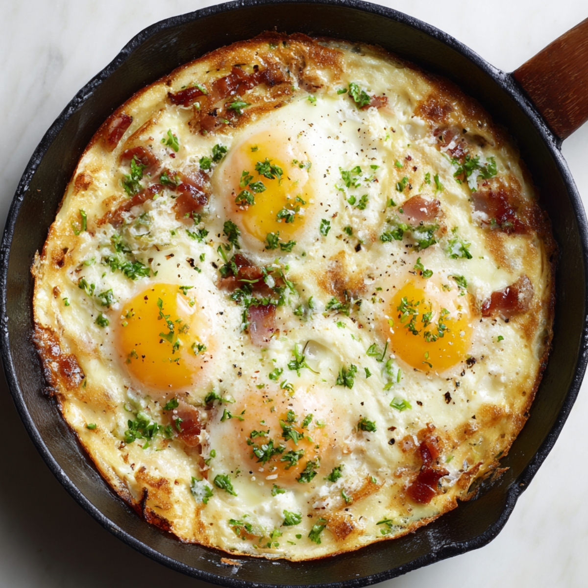 A frittata with eggs, crispy bacon, and fresh parsley, garnished with black pepper and cooked to perfection in a cast-iron skillet.