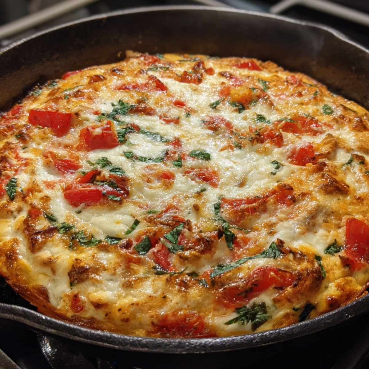A freshly made frittata with melted cheese, red bell peppers, and herbs in a cast-iron skillet, showcasing a golden, crispy edge.