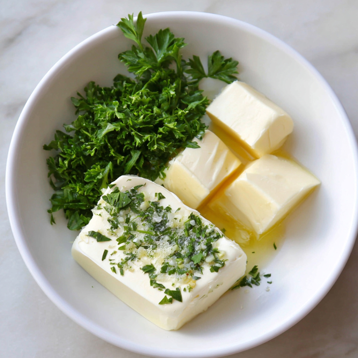 A white bowl containing softened butter, chopped parsley, and minced garlic being prepared for garlic bread spread.