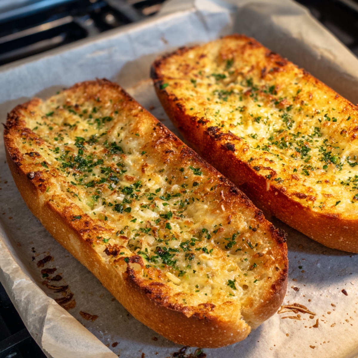 Two golden-brown halves of garlic bread on a baking sheet lined with parchment paper, glistening with melted butter, garlic, and parsley.