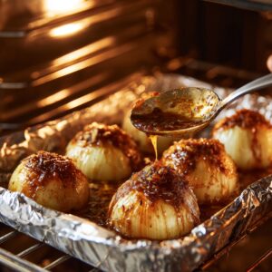 Stuffed onions roasting in the oven on a foil-lined tray, as a spoon drizzles rich sauce over them for extra flavor.