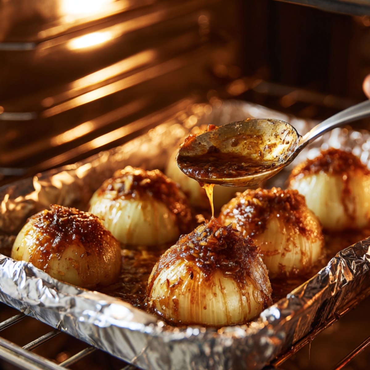 Stuffed onions roasting in the oven on a foil-lined tray, as a spoon drizzles rich sauce over them for extra flavor.