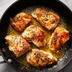 Chicken thighs sizzling in a pan, seared to a golden brown with herbs and seasonings in melted butter or oil.