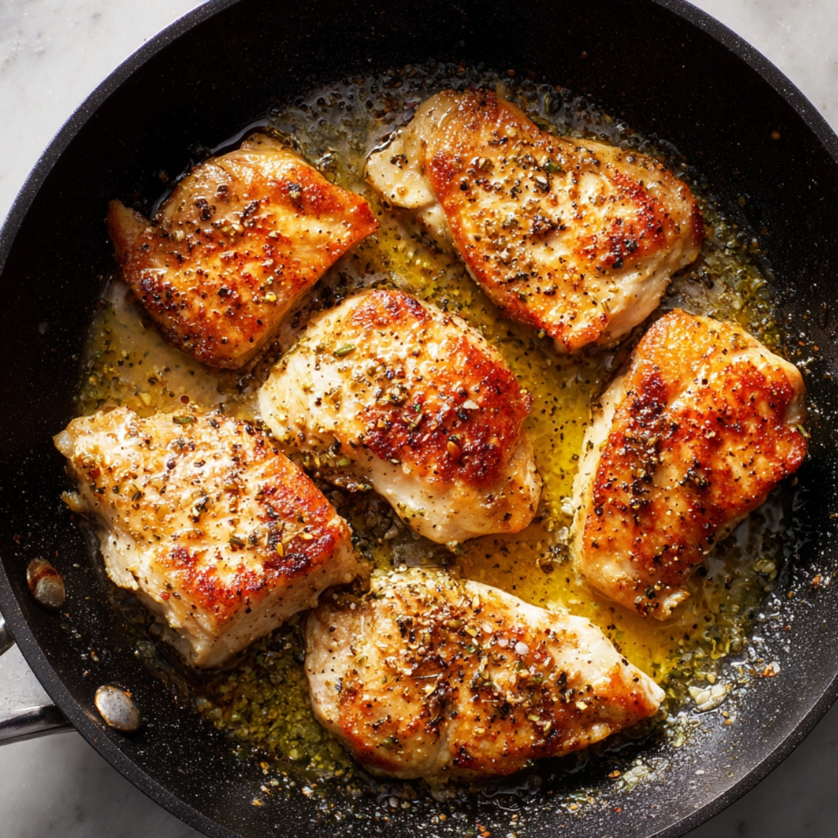 Chicken thighs sizzling in a pan, seared to a golden brown with herbs and seasonings in melted butter or oil.