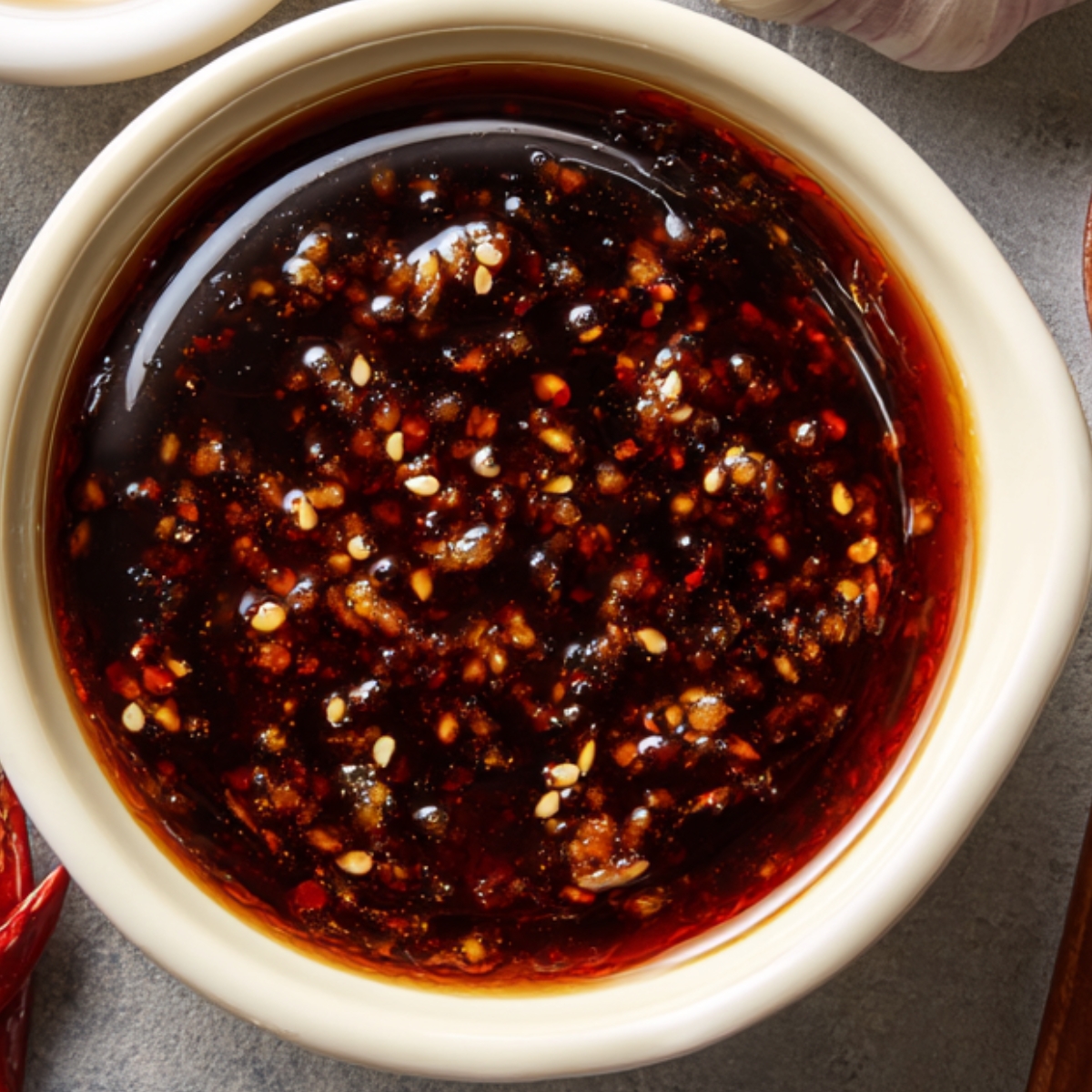 A small bowl filled with thick, dark honey garlic sauce speckled with sesame seeds, chili flakes, and bits of minced garlic.