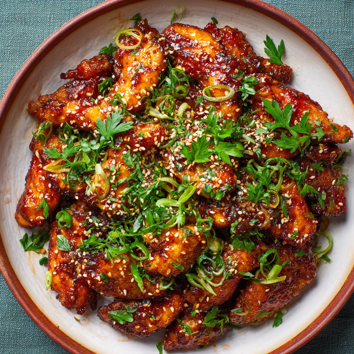 A plate of golden-brown honey garlic chicken garnished with chopped parsley, sliced green onions, and sprinkled with sesame seeds. The chicken pieces are glazed in a shiny, sticky sauce.
