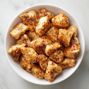 A white bowl filled with bite-sized pieces of golden, pepper-seasoned cooked chicken, ready for coating in sauce.
