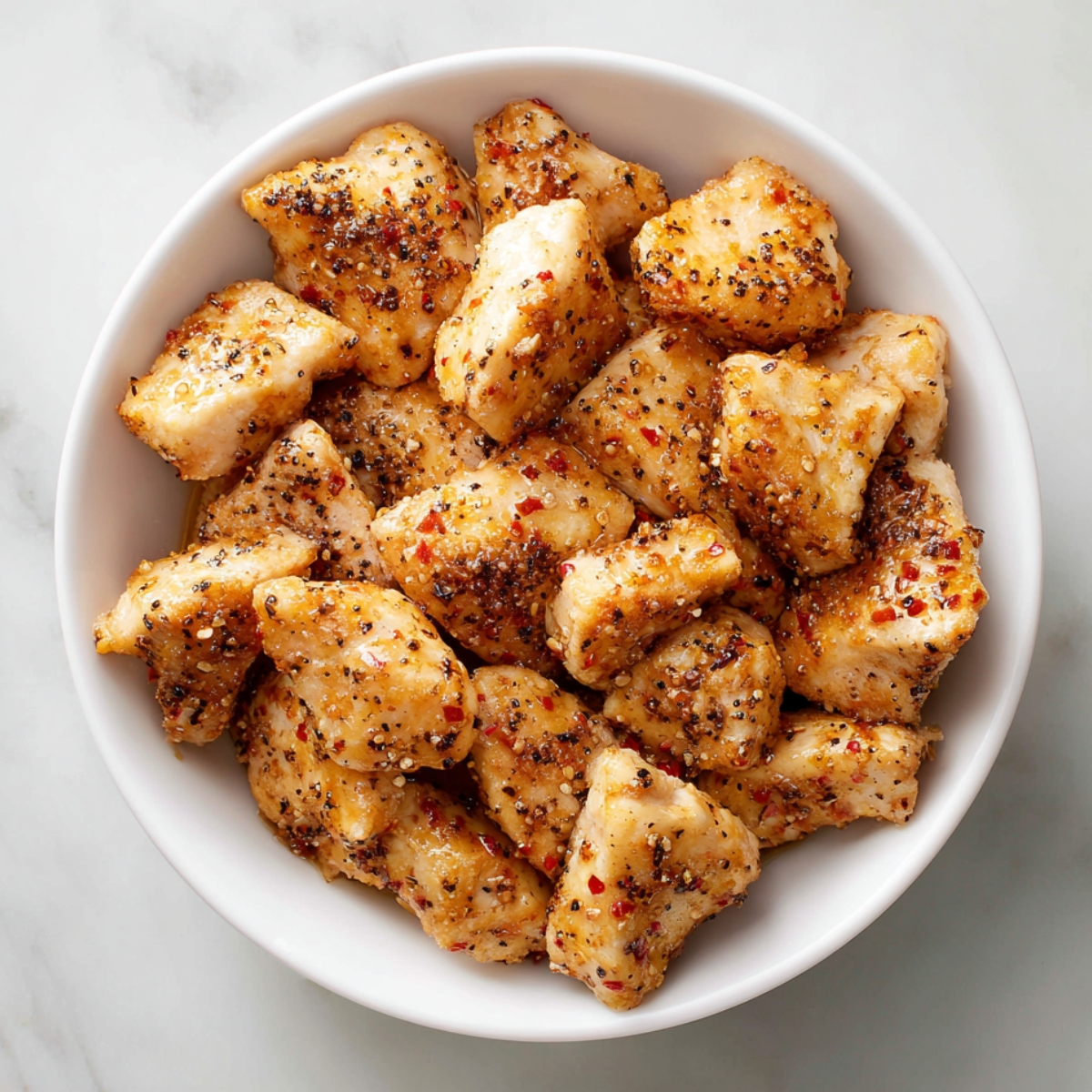 A white bowl filled with bite-sized pieces of golden, pepper-seasoned cooked chicken, ready for coating in sauce.