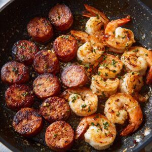A frying pan containing both grilled sausage slices and shrimp, seasoned with herbs and spices. The sausage slices are browned and crispy, while the shrimp are juicy and lightly browned.