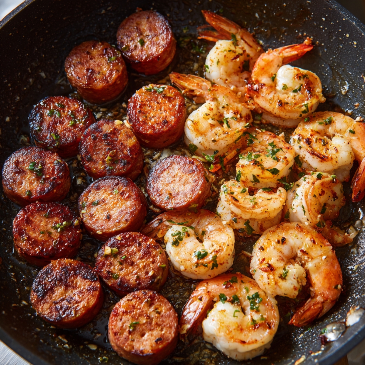 A frying pan containing both grilled sausage slices and shrimp, seasoned with herbs and spices. The sausage slices are browned and crispy, while the shrimp are juicy and lightly browned.