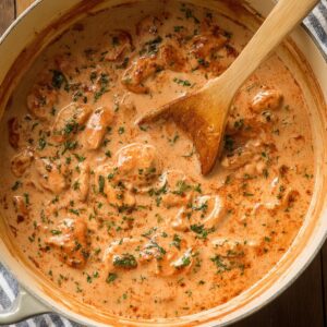 A close-up of a creamy sauce with chicken pieces, parsley, and a warm orange tint. The sauce looks rich, smooth, and full of flavor, with a wooden spoon stirring the dish.