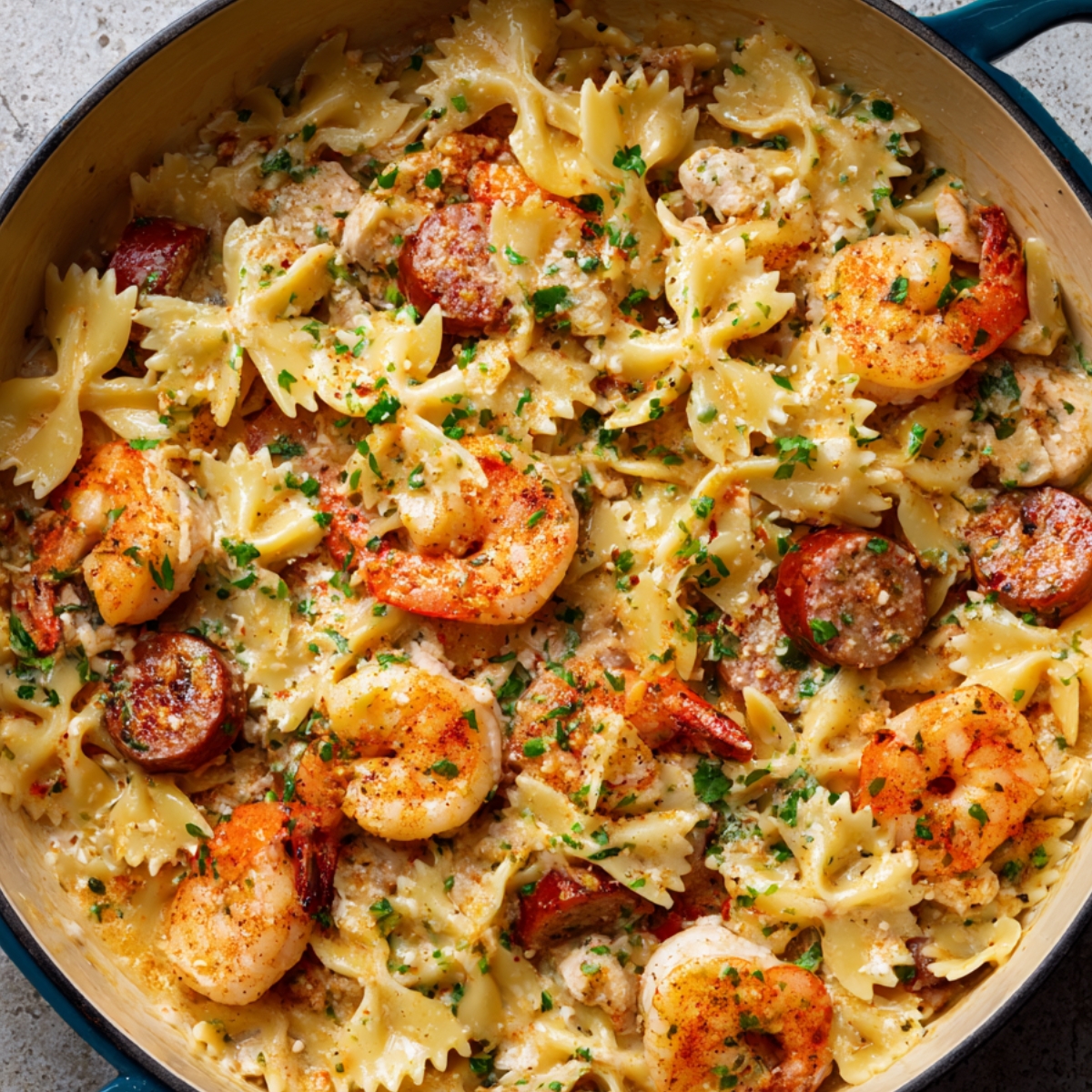 A large skillet filled with a creamy pasta dish featuring bowtie pasta, shrimp, sausage, and a sprinkle of parsley. The dish has a rich, flavorful sauce with bits of seasoning visible on top.