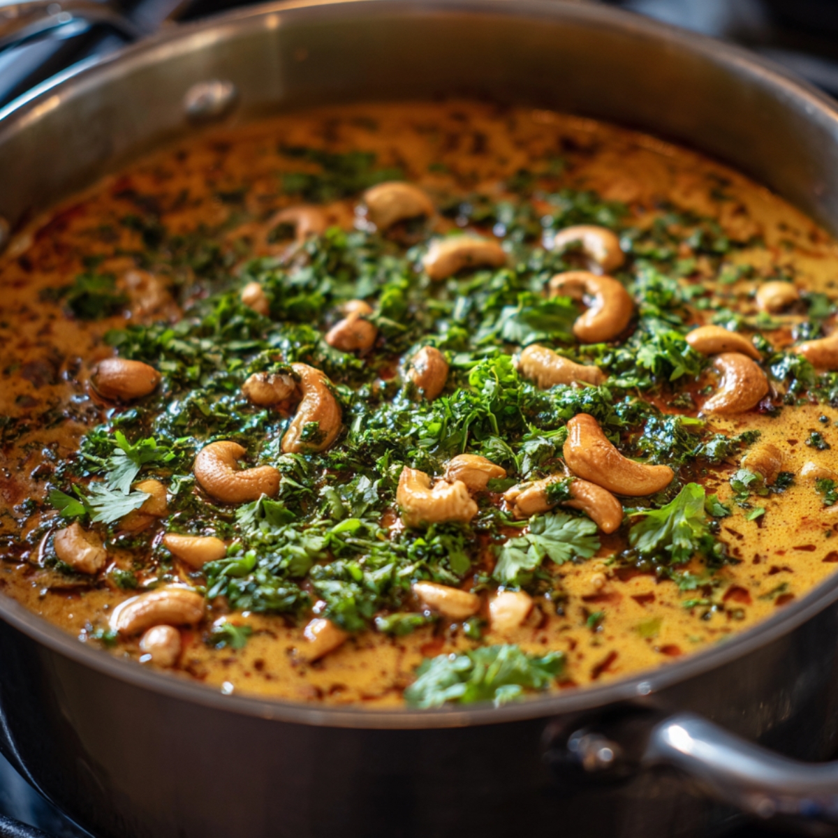 A delicious cashew curry garnished with cilantro and cashew nuts in a large pot.