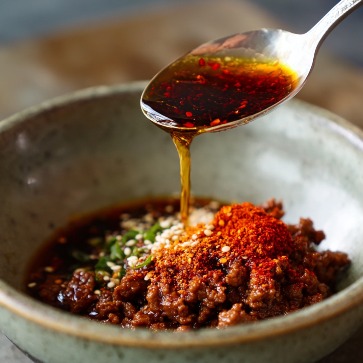 “Spoon pouring sesame oil and chili flakes over a bowl of cooked beef mixed with spices and sesame seeds.”