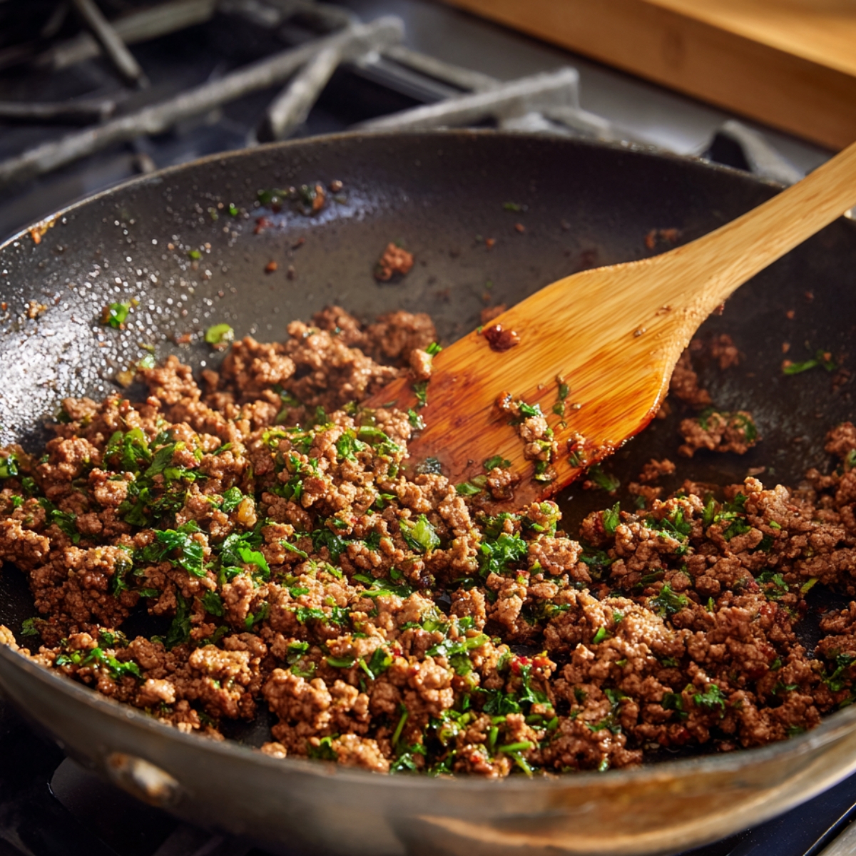 “Ground beef being cooked in a skillet with chopped herbs, stirred with a wooden spatula.”