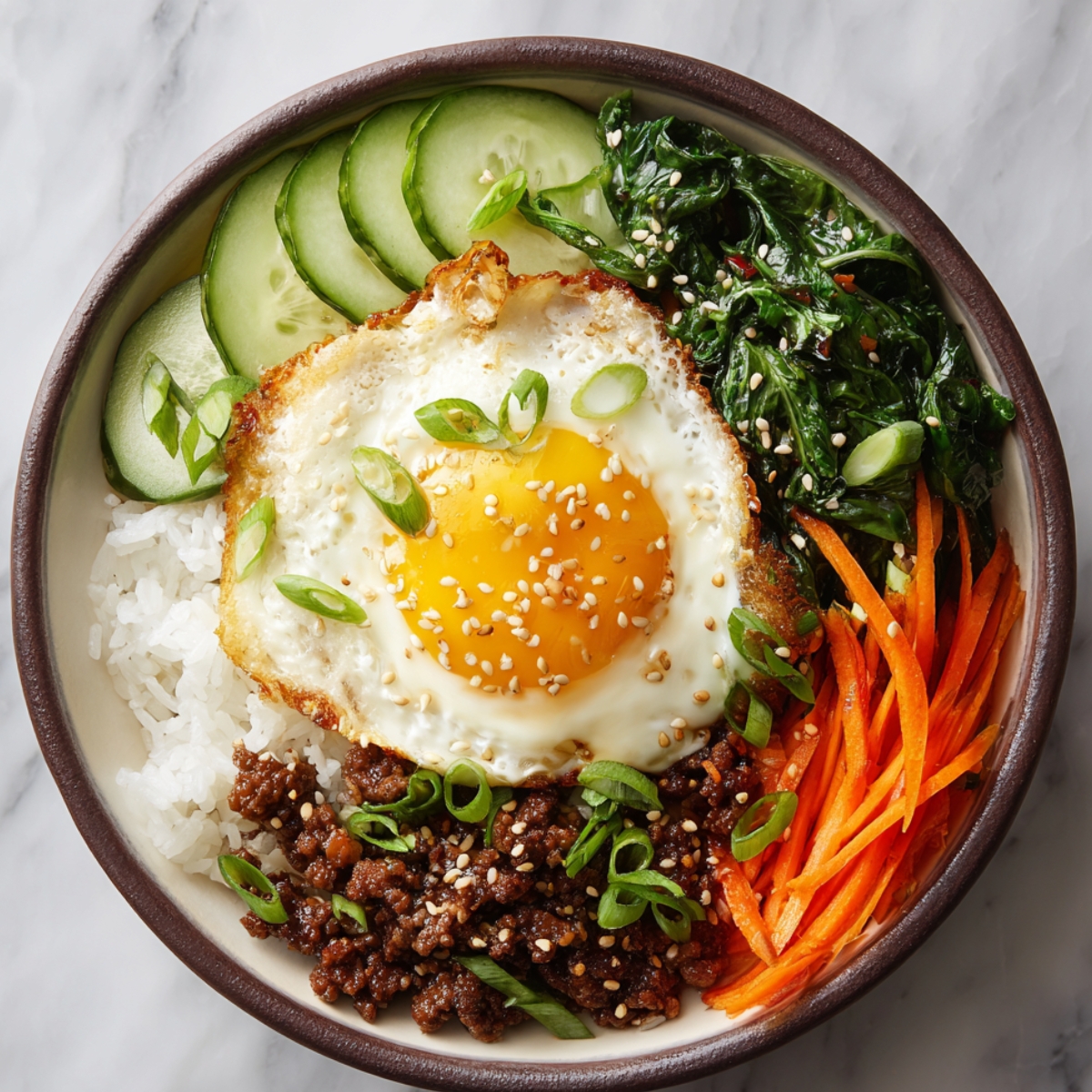“Bowl of Korean beef served over white rice with a fried egg, sliced cucumbers, sautéed spinach, shredded carrots, and sesame seeds.”