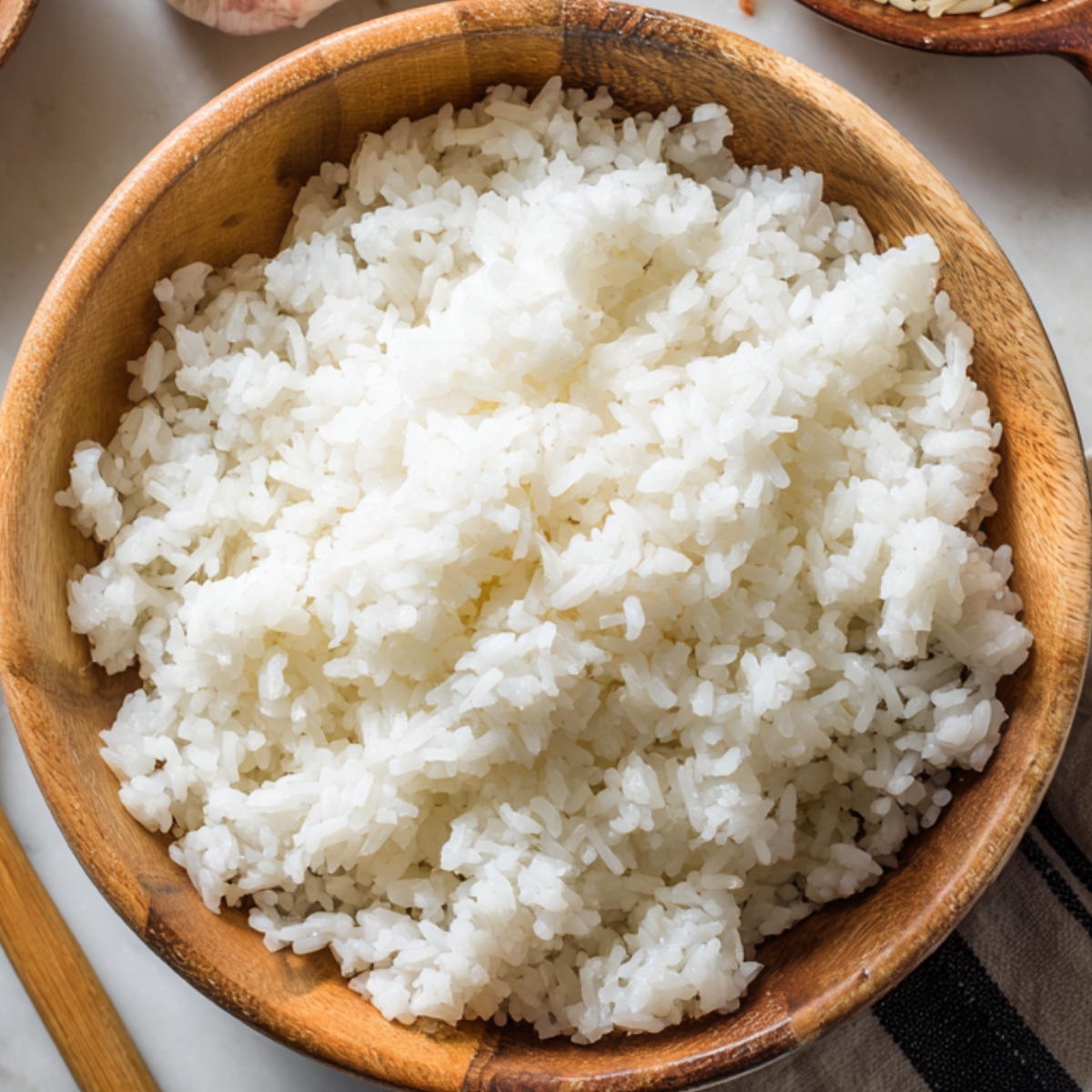 “Wooden bowl filled with fluffy steamed white rice, ready to be topped with Korean beef and vegetables.”