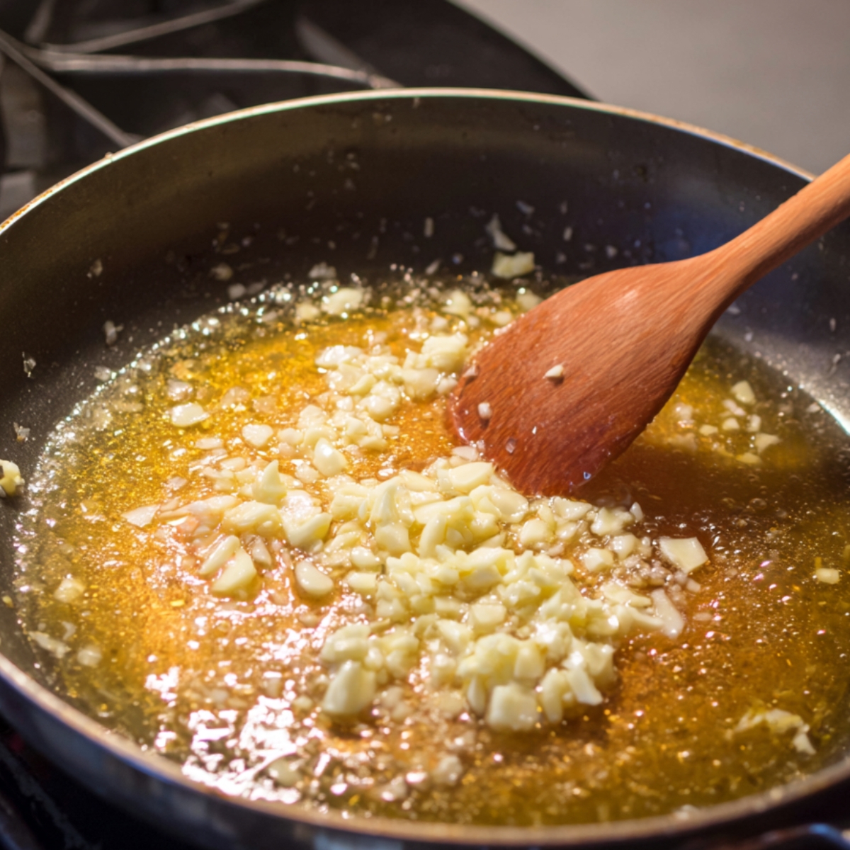 Chopped garlic sautéing in melted butter in a frying pan, with the wooden spoon stirring the mixture.