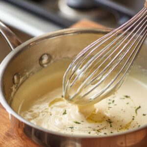 A saucepan with a creamy white sauce being whisked, with herbs and seasoning added.