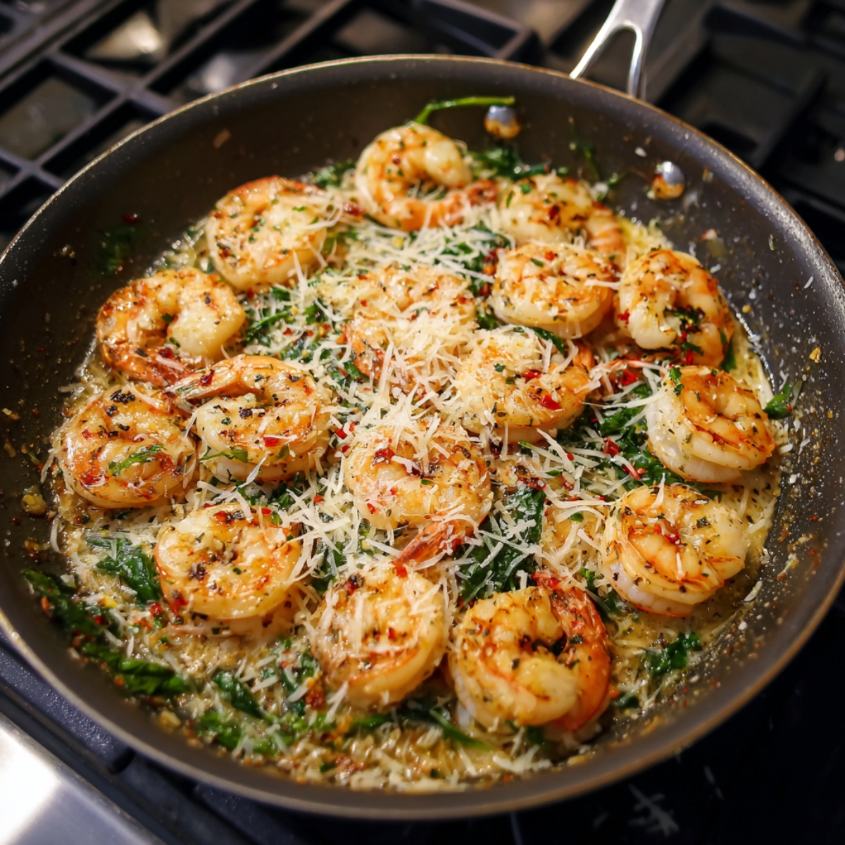 “Shrimp cooked in a skillet with creamy garlic sauce, spinach, red pepper flakes, and shredded Parmesan cheese sprinkled on top.”