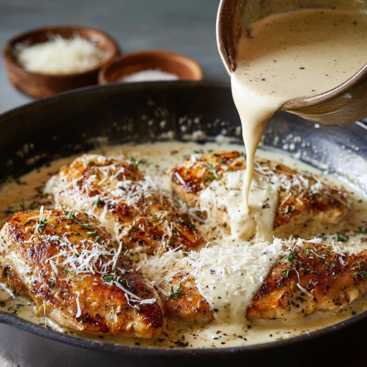 “Creamy chicken breasts in a skillet, topped with grated Parmesan and herbs, as a rich cream sauce is being poured over them.”