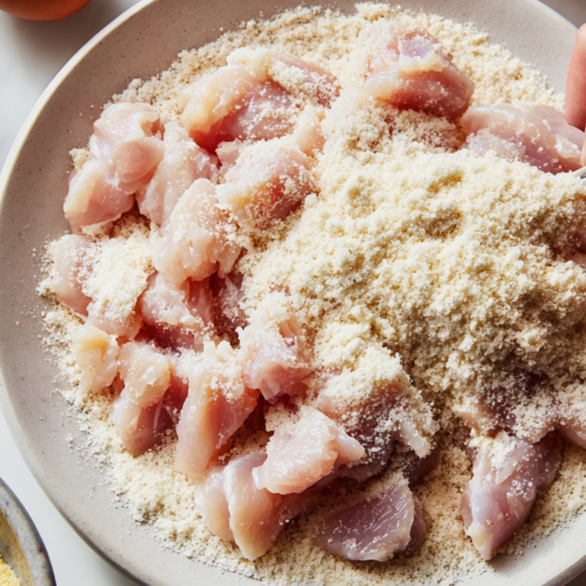 “Raw chicken pieces coated with a generous amount of grated Parmesan and breadcrumbs on a plate, being prepared for cooking.”