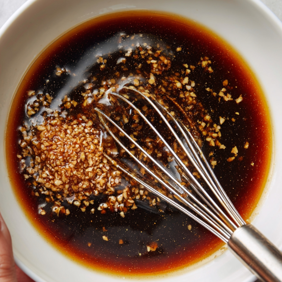 A bowl of marinade made with soy sauce, minced garlic, and other ingredients being whisked together.