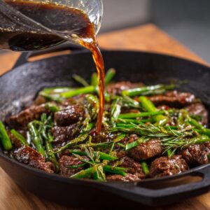 A hand pours a dark soy-based sauce into a skillet filled with cooked beef pieces and fresh green onions.