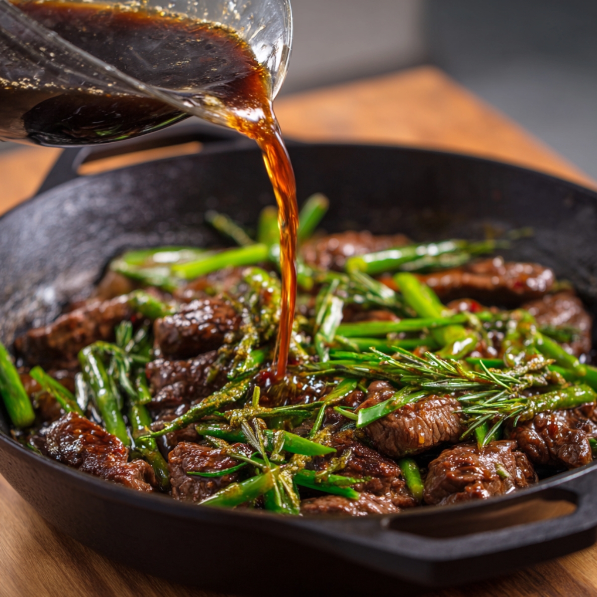 A hand pours a dark soy-based sauce into a skillet filled with cooked beef pieces and fresh green onions.