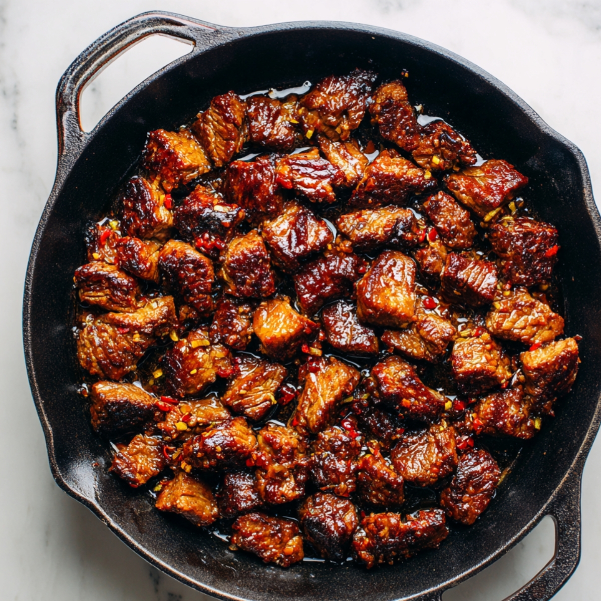 A cast-iron skillet filled with seared beef cubes coated in a glossy brown sauce, garnished with bits of garlic and chili.