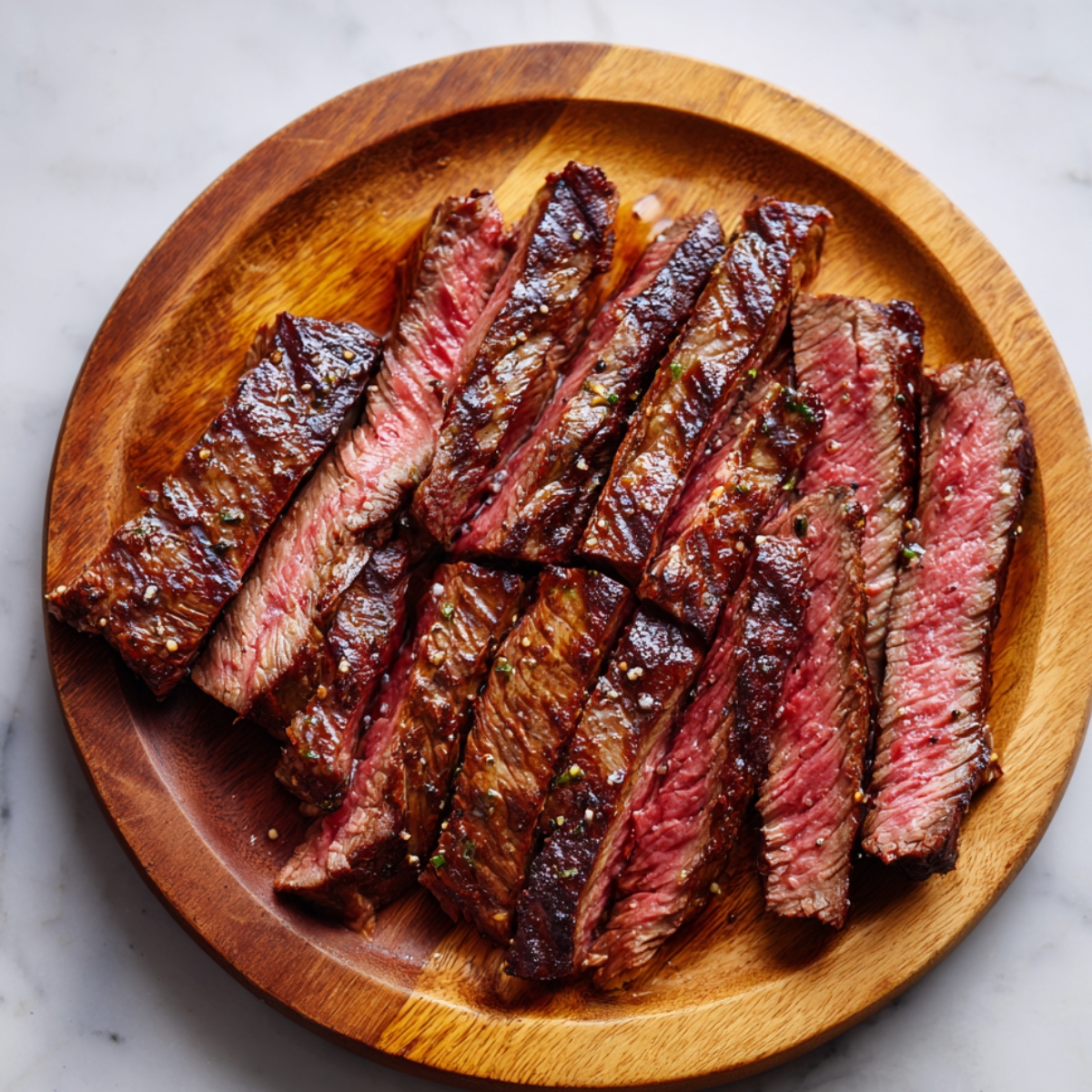 Sliced grilled beef arranged neatly on a wooden plate, showing a pink, juicy center.