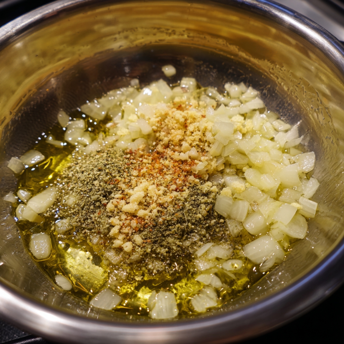 Chopped onions sautéing in olive oil with garlic, herbs, and spices in a stainless steel pan.