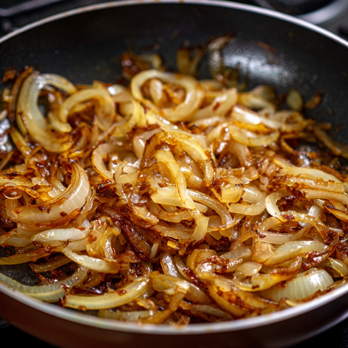 A close-up shot of sliced onions being sautéed in a pan until they are golden brown and crispy.