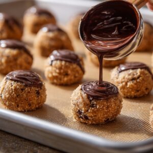 A hand pouring melted chocolate over round peanut butter cookie balls on a baking sheet lined with parchment paper.