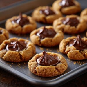 Close-up of freshly baked peanut butter cookies on a baking tray, each topped with a glossy swirl of melted chocolate in the center.